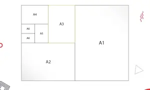 Schemat rozmiarów papieru. Pokazuje, jak wydrukować A3 na 2 kartkach A4, dzieląc je na pół.