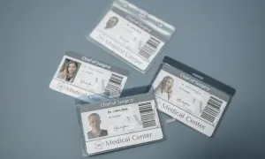 Kilka identyfikatorów z laminowania dokumentów, każdy z fotografią i danymi lekarza z "Medical Center".