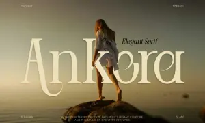 Kobieta na skale przy wodzie, a nad nią wielkie, fajne litery "Ankera" i napis "Elegant Serif".