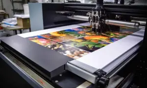 Drukarka wielkoformatowa drukuje kolorowe zdjęcia. To nie jest druk offset, ale nowoczesna technologia.