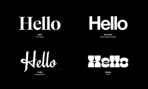 Cztery wersje napisu "Hello" w różnych stylach: szeryfowy, bezszeryfowy, skryptowy i wyświetlaczowy. Każda z nich to ładna czcionka.