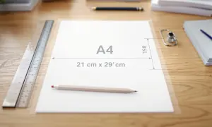 Na biurku leży kartka w formacie **a4** z zaznaczonymi wymiarami, obok linijka i ołówek.