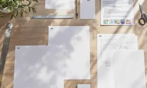 Na drewnianym blacie leżą kartki w formatach A4 i A3, linijka, ołówek i nożyczki.
