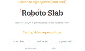 Roboto Slab, przykład czcionki egipcjanki (slab serif) z ozdobnikami. Różne rodzaje czcionek mają swoje unikalne cechy.