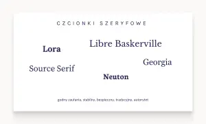 Przykłady czcionek szeryfowych: Lora, Libre Baskerville, Georgia, Source Serif, Neuton. Te fonty są godne zaufania i tradycyjne.
