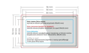 Schemat wizytówki z wymiarami w mm. Linie: czarna (90x50 mm), czerwona (96x56 mm), niebieska (80x40 mm). Grafika na spad 3 mm poza linię cięcia. Format zbliżony do **wymiary a4**.