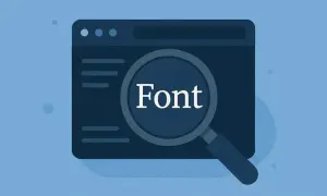 Ilustracja pokazuje, jak sprawdzić czcionkę na stronie internetowej. Lupa powiększa napis "Font" na tle okna przeglądarki.