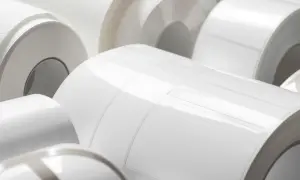 Zwoje białego, błyszczącego eko papieru do etykiet, gotowe do druku.