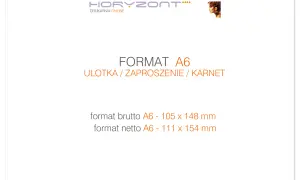 Tworzenie zaproszeń w formacie A6. Ulotka, zaproszenie lub karnet. Wymiary brutto 105x148 mm, netto 111x154 mm.