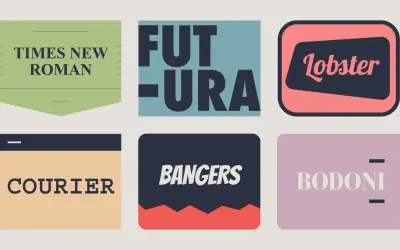 Kolekcja popularnych czcionek: Times New Roman, Futura, Lobster, Courier, Bangers, Bodoni.