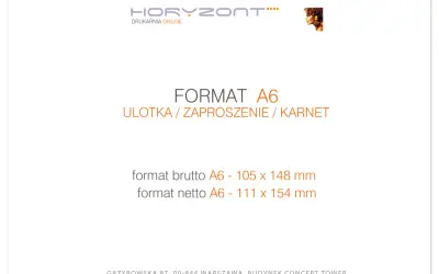 Tworzenie zaproszeń w formacie A6. Ulotka, zaproszenie lub karnet. Wymiary brutto 105x148 mm, netto 111x154 mm.
