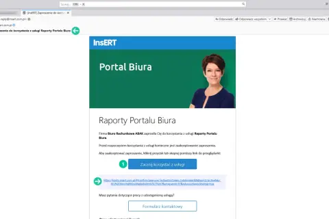 Zaproszenie do Portalu Biura od firmy Insert. Kliknij "Zacznij korzystać z usługi", aby zaakceptować i dowiedzieć się, jak zakończyć zaproszenie.