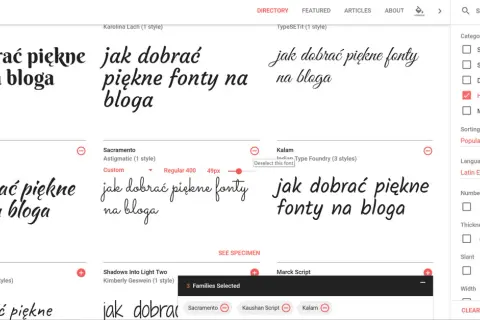 Przeglądaj ozdobne czcionki online na Google Fonts. Zobacz przykłady napisów "jak dobrać piękne fonty na bloga" w różnych stylach.