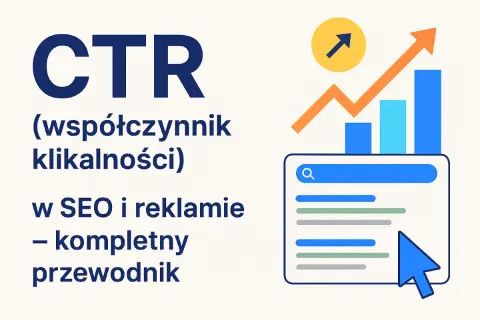 Grafika ilustruje CTR (współczynnik klikalności) w SEO i reklamie. Widoczne są proste, płaskie **techniki graficzne**: tekst, ikony, wykresy słupkowe i liniowe, symbolizujące wzrost.