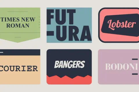 Kolekcja popularnych czcionek: Times New Roman, Futura, Lobster, Courier, Bangers, Bodoni.