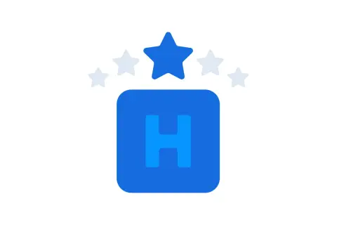 Pięć gwiazdek nad niebieskim kwadratem z literą "H" – idealna reklama hotelu.