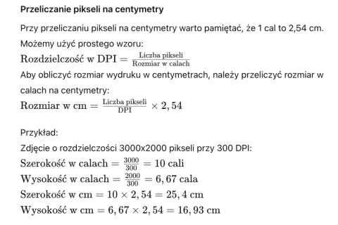 Przeliczanie pikseli na centymetry. Przykład zdjęcia o rozdzielczości 3000x2000 pikseli przy 300 DPI.