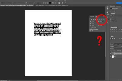 Fragment interfejsu programu Photoshop z zaznaczonym tekstem i panelami narzędzi.