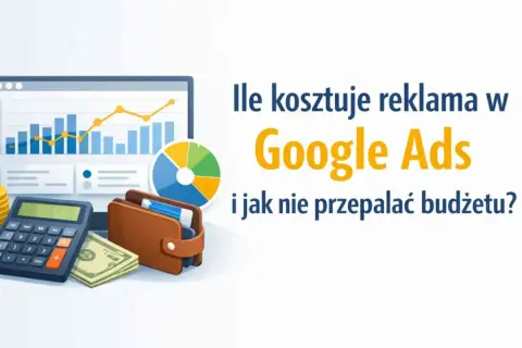 Kalkulator, monety, portfel i wykresy symbolizują skuteczną reklamę w Google Ads. Dowiedz się, jak nie przepalać budżetu.