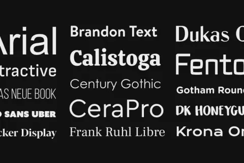 Różne rodzaje czcionek HTML: Arial, Brandon Text, Dukas CF, Calistoga, Fenton, Attractive, Century Gothic, Gotham Rounded, BEBAS NEUE BOOK, CeraPro, DK HONEYGUIDE, AZO SANS UBER, Blacker Display, Frank Ruhl Libre, Krona One.