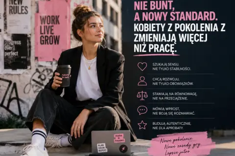 Reklama przypominająca: młoda kobieta z kawą, symbolizująca nowe pokolenie, które zmienia zasady gry i buduje lepsze jutro.
