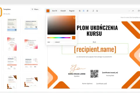 Program do tworzenia dyplomów pozwala wybrać szablon i dostosować kolory, np. pomarańczowy.
