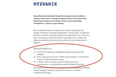 Wzór oferty reklamowej: Statystyki pokazują, że blog firmowy zwiększa szanse na lepszą pozycję w wyszukiwarce i pozyskanie klientów.