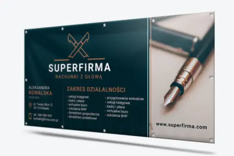 Reklama biura rachunkowego "Superfirma". Oferuje usługi księgowe, kadry i płace, wirtualne biuro, szkolenia BHP, doradztwo gospodarcze i podatkowe.
