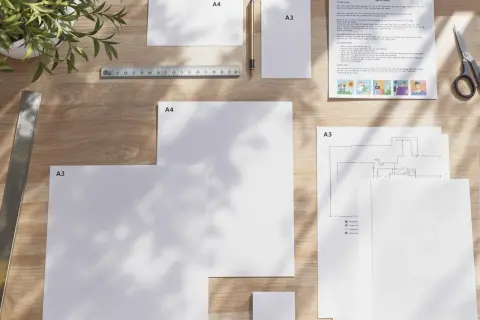 Na drewnianym blacie leżą kartki w formatach A4 i A3, linijka, ołówek i nożyczki.