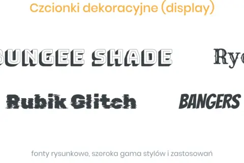 Różnorodne czcionki dekoracyjne: BUNGEE SHADE, Rubik Glitch, Rye, BANGERS. Każdy styl czcionki ma swój unikalny charakter.