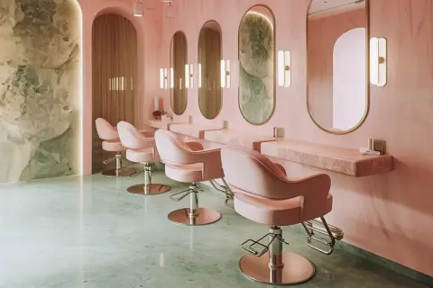 Eleganckie fotele w salonach kosmetycznych, różowe wnętrze z marmurowymi blatami i lustrami.