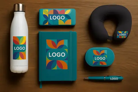 Zestaw gadżetów reklamowych: butelka, notes, poduszka podróżna, etui, długopis. Wszystkie przedmioty ozdobione kolorowym logo.
