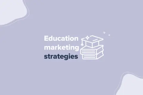 Grafika z hasłem "Education marketing strategies" i ikoną stosu książek z czapką absolwenta. To reklama edukacyjna.