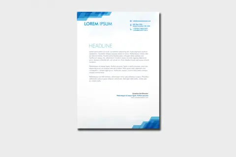 Strona tytułowa z nagłówkiem "LOREM IPSUM" i tekstem nagłówka. Dane kontaktowe i adres firmy.