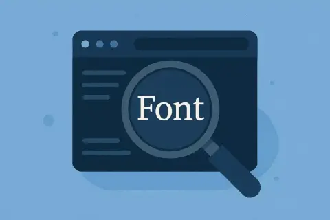Ilustracja pokazuje, jak sprawdzić czcionkę na stronie internetowej. Lupa powiększa napis "Font" na tle okna przeglądarki.