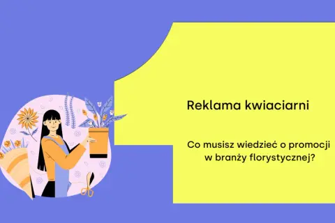 Ilustracja do reklamy kwiaciarni. Uśmiechnięta florystka trzymająca doniczkę z kwiatami.