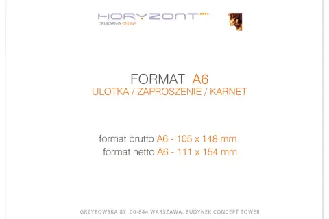 Tworzenie zaproszeń w formacie A6. Ulotka, zaproszenie lub karnet. Wymiary brutto 105x148 mm, netto 111x154 mm.
