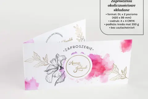 Eleganckie zaproszenia ślubne Anny i Jakuba. Format DL x 2 poziomo (420 x 99 mm) idealny na tę okazję.