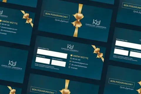 Eleganckie bony podarunkowe z motywem złotych wstążek. Dowiedz się, jak zrobić voucher na usługi fizjoterapii.