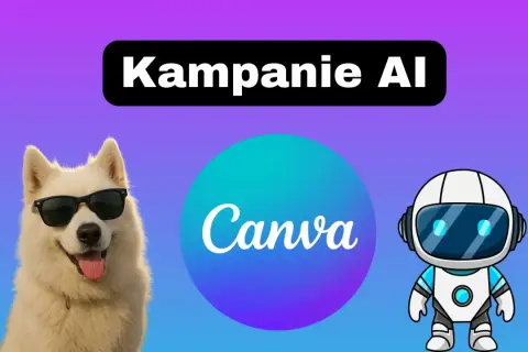 Pies w okularach i robot obok logo Canva. Kampanie AI tworzone z myślą o prawach autorskich.