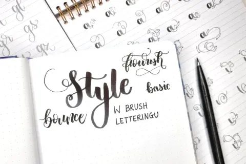 Ćwiczenia kaligraficzne: "Style", "bounce", "flourish", "basic" w eleganckiej czcionce. Obok przykłady liter "a" i "g".