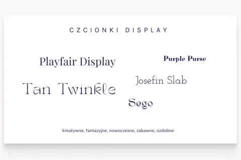 Przykłady czcionek: Playfair Display, Tan Twinkle, Purple Purse, Josefin Slab, Sego. Najbardziej czytelna czcionka jest kluczowa dla projektów.