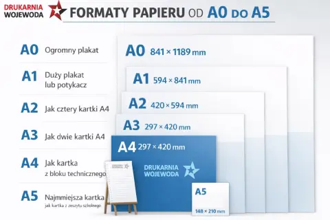 Porównanie formatów papieru od A0 do A5: A0 to ogromny plakat, A1 duży, A2 jak 4xA4, A3 jak 2xA4, A4 jak kartka techniczna, A5 jak kartka z zeszytu.