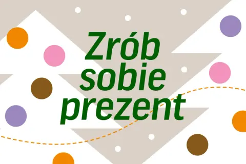 Zrób sobie prezent! Kolorowy bilet szablon do druku z kropkami i choinkowymi wzorami.