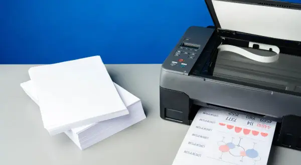 Stos białych kartek obok drukarki, która właśnie drukuje dokument. Różne rodzaje papieru czekają na użycie.