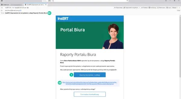 Zaproszenie do Portalu Biura od firmy Insert. Kliknij "Zacznij korzystać z usługi", aby zaakceptować i dowiedzieć się, jak zakończyć zaproszenie.