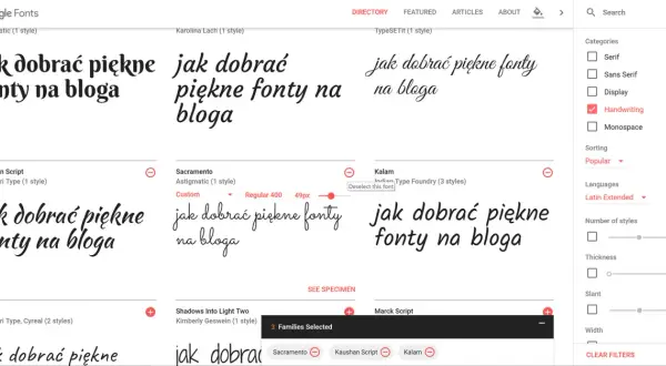 Przeglądaj ozdobne czcionki online na Google Fonts. Zobacz przykłady napisów "jak dobrać piękne fonty na bloga" w różnych stylach.