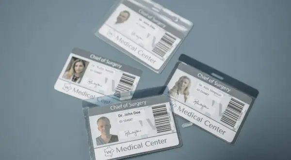 Kilka identyfikatorów z laminowania dokumentów, każdy z fotografią i danymi lekarza z "Medical Center".