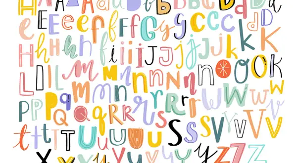 Kolorowy alfabet z mnóstwem fajnych czcionek, od A do Z, w różnych stylach i odcieniach.