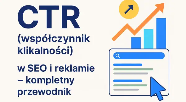 Grafika ilustruje CTR (współczynnik klikalności) w SEO i reklamie. Widoczne są proste, płaskie **techniki graficzne**: tekst, ikony, wykresy słupkowe i liniowe, symbolizujące wzrost.